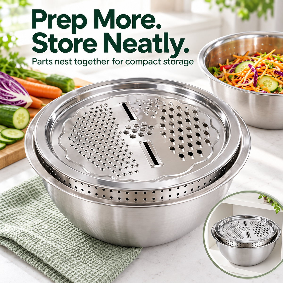 🥗 PrepNest™ – All-in-One Kitchen Slicer, Grater & Wash Bowl Set