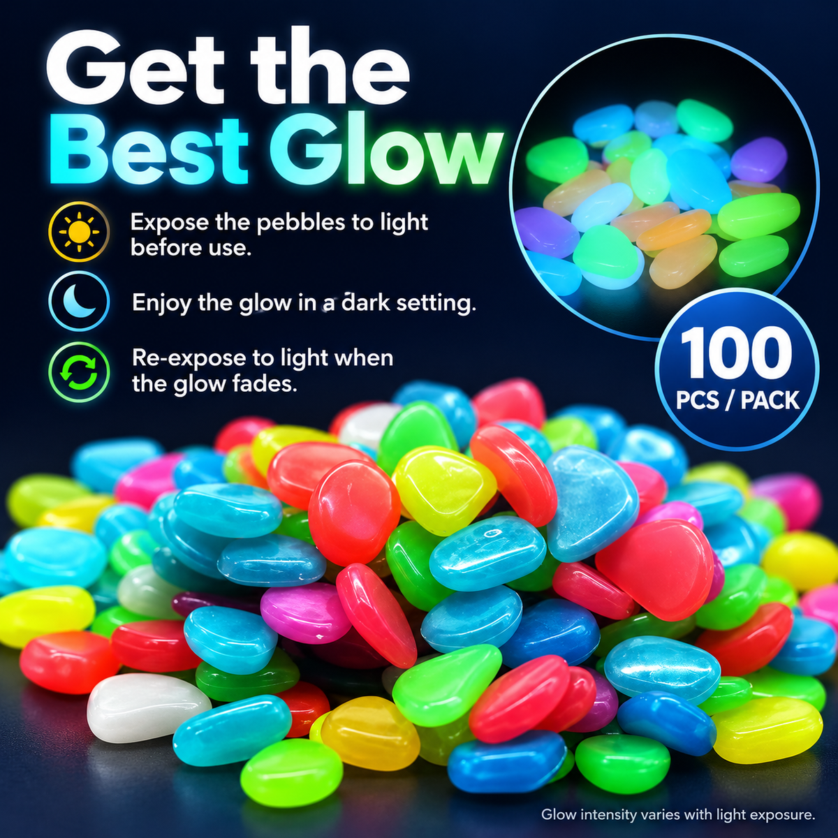 💎 Gleamora™ – Colourful Glow-in-the-Dark Stones | 100 Pcs