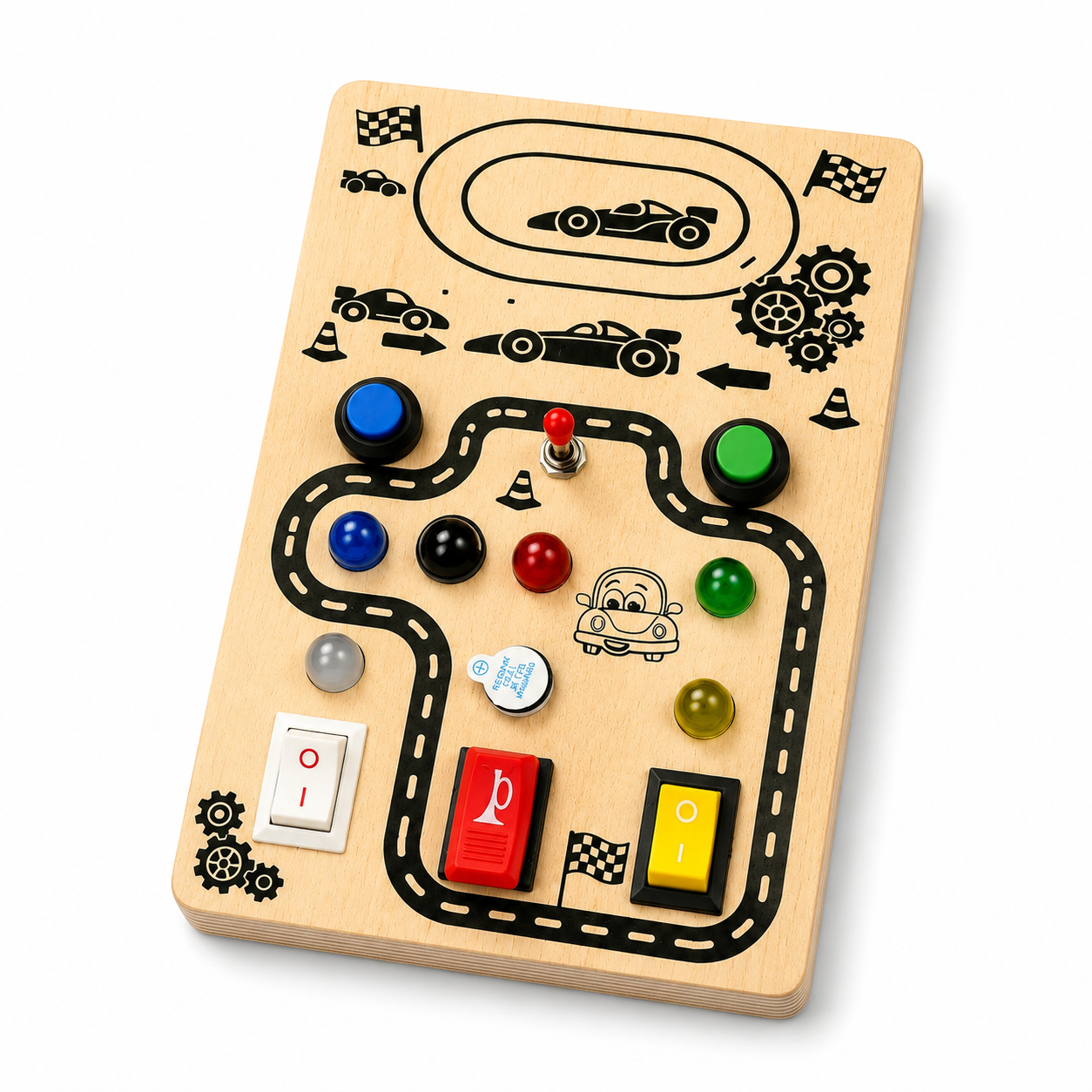 Wooden Montessori Busy Board Combo Set for Toddlers with Rocket, Dinosaur, Game Controller & Car Track Sensory Activity Toys
