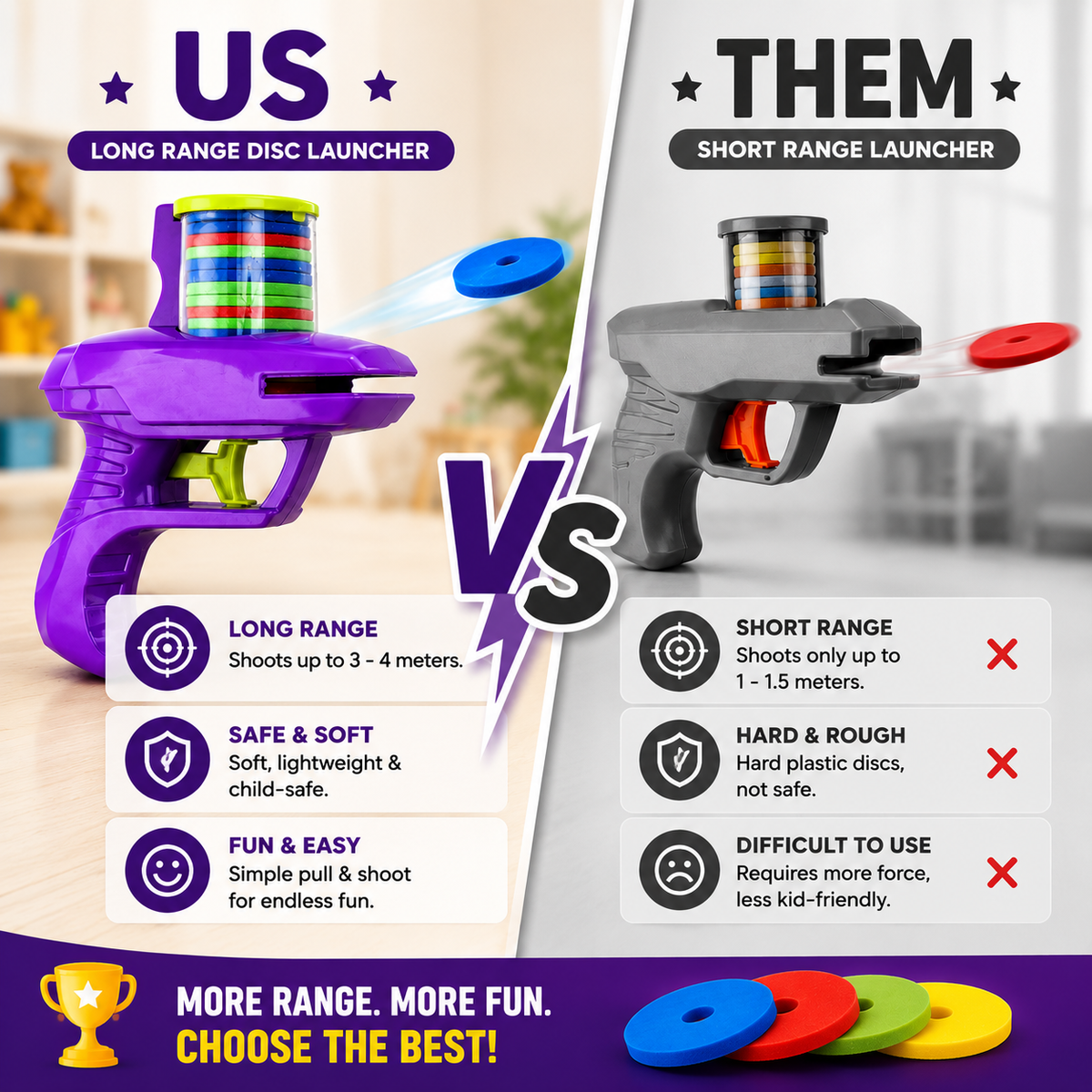 Long Range Foam Disc Launcher Shooting Toy for Kids - Buy 1 Get 1 FREE