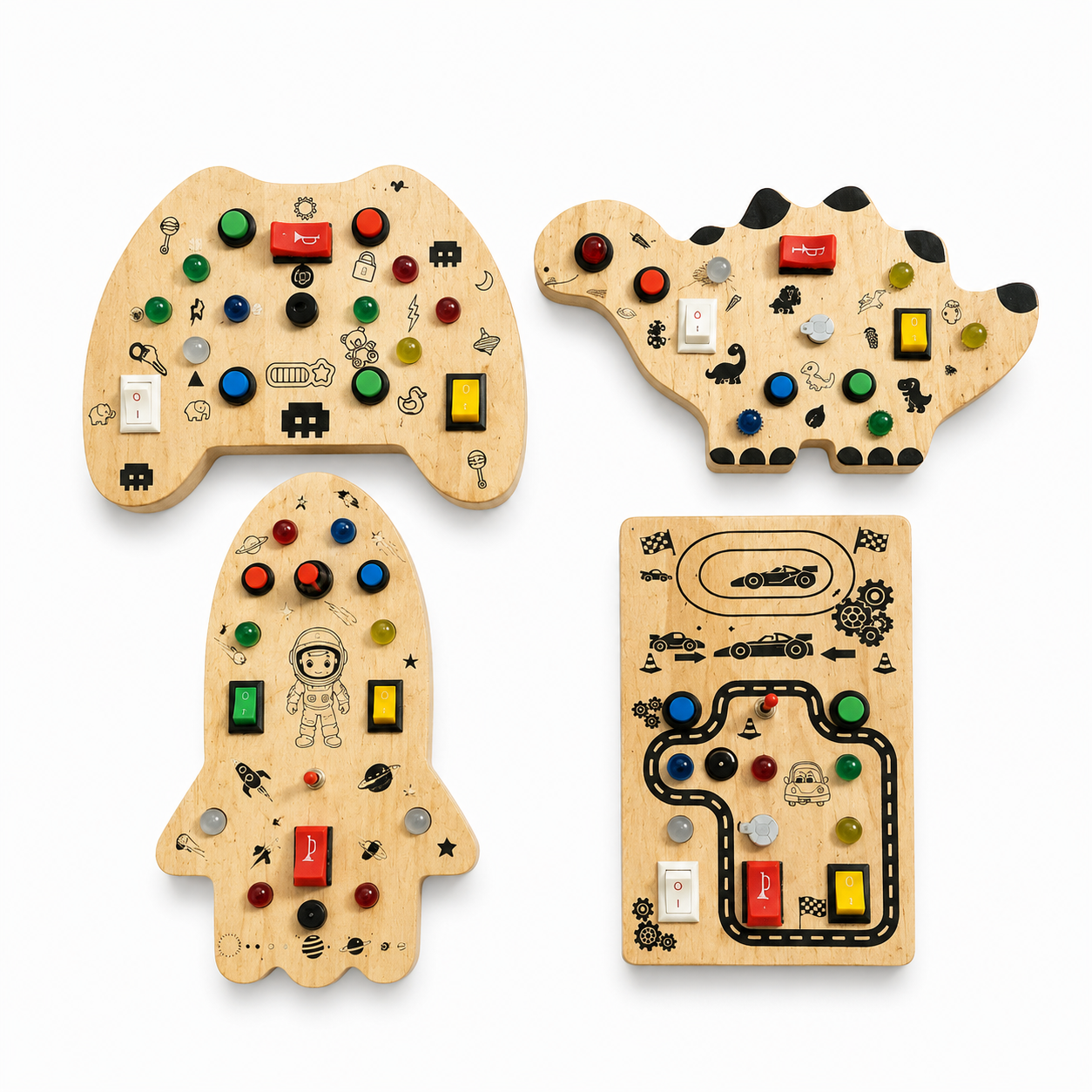 Wooden Montessori Busy Board Combo Set for Toddlers with Rocket, Dinosaur, Game Controller & Car Track Sensory Activity Toys