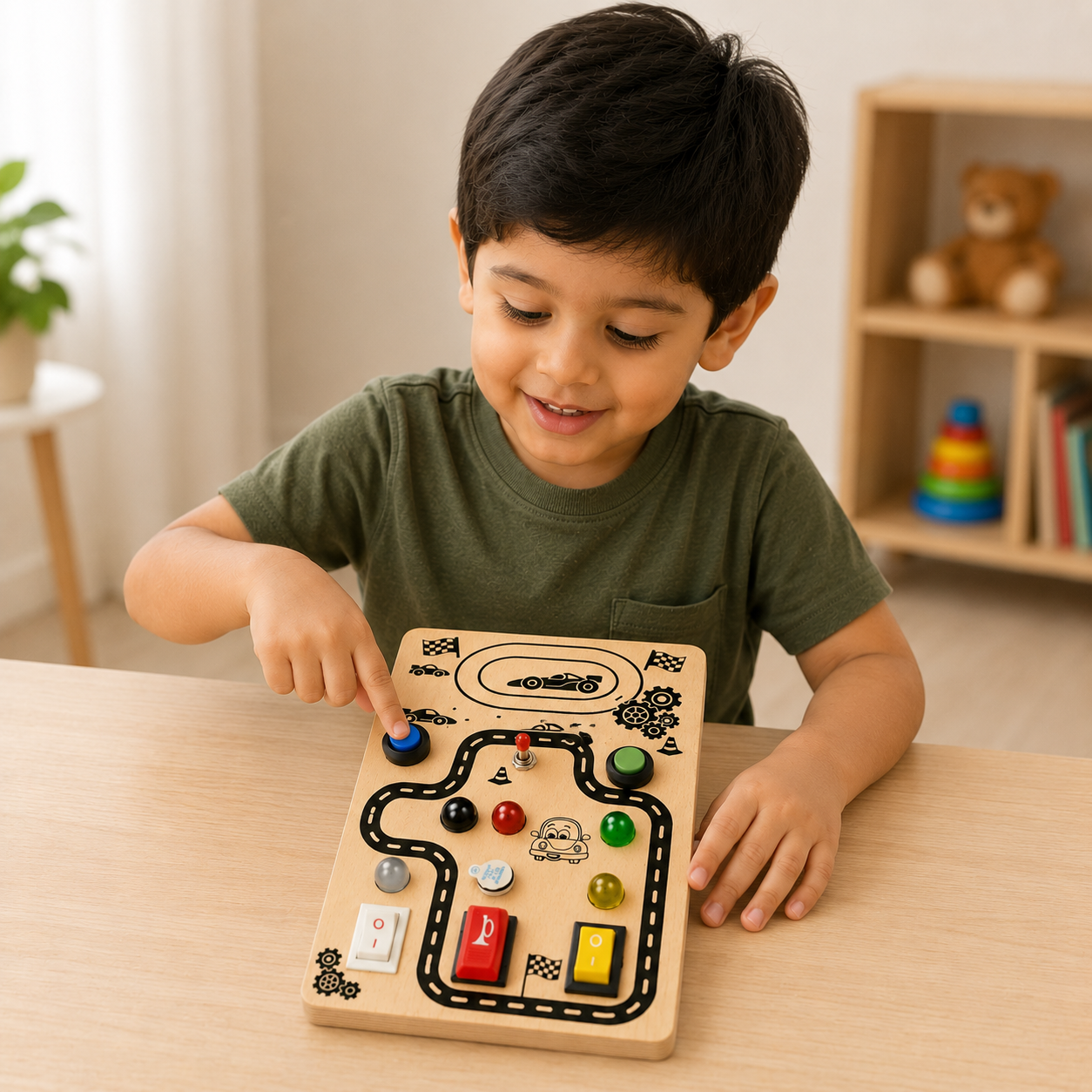 Wooden Montessori Busy Board Combo Set for Toddlers with Rocket, Dinosaur, Game Controller & Car Track Sensory Activity Toys