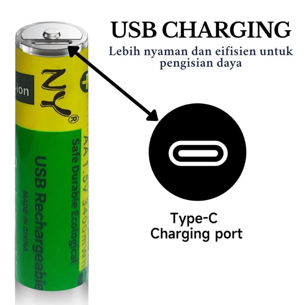 USB Type-C Rechargeable AA Battery 800mWh Pack of 2 for Toys, Torch, Clock, Remote & Everyday Home Devices