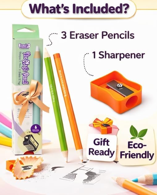 Magic Eraser Pencils Set (3 Pack) with Sharpener - Pastel, Precision Erase, Non-Toxic Kids Return Gift