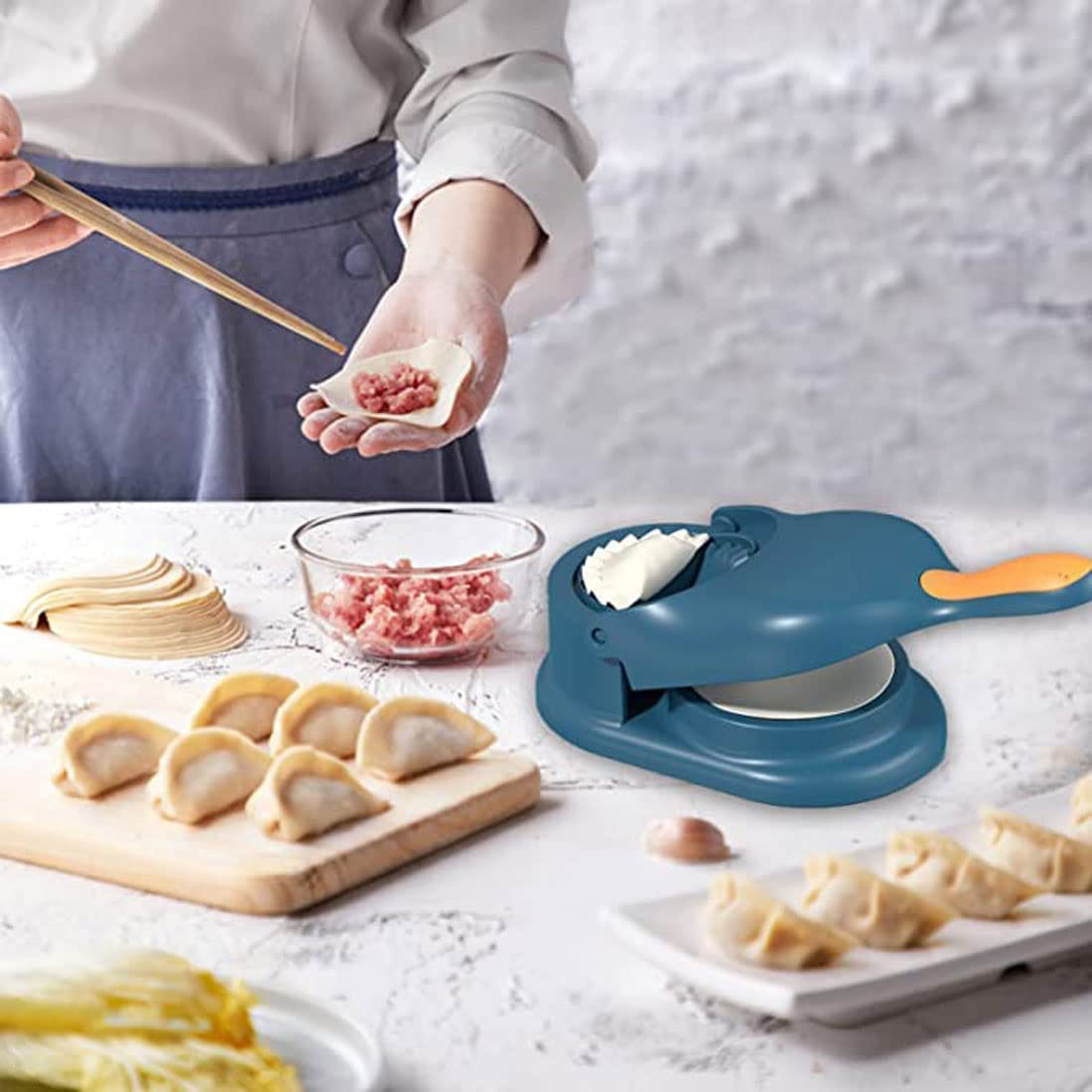 2 in 1 Dumpling Maker Machine for Momos, Gujiya, Modak & Ghughra | Manual Hand Press Puri Skin Mould | BPA Free Plastic Kitchen Tool