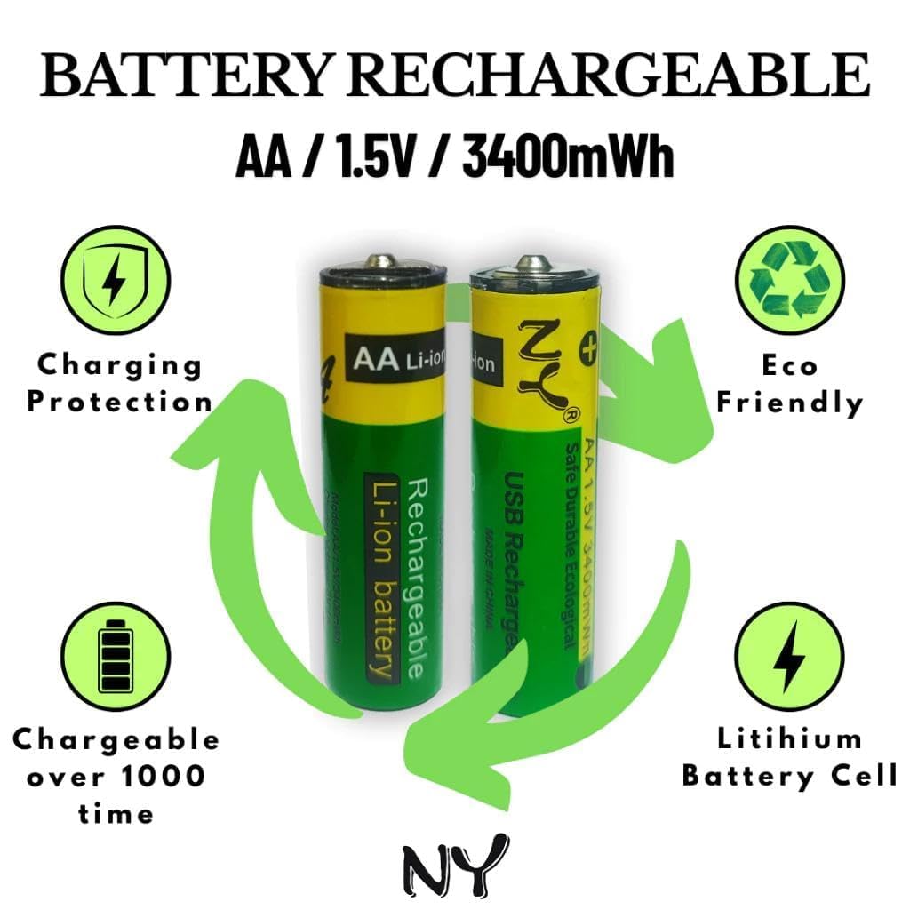USB Type-C Rechargeable AA Battery 800mWh Pack of 2 for Toys, Torch, Clock, Remote & Everyday Home Devices