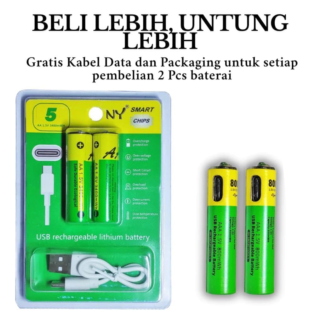 USB Type-C Rechargeable AA Battery 800mWh Pack of 2 for Toys, Torch, Clock, Remote & Everyday Home Devices