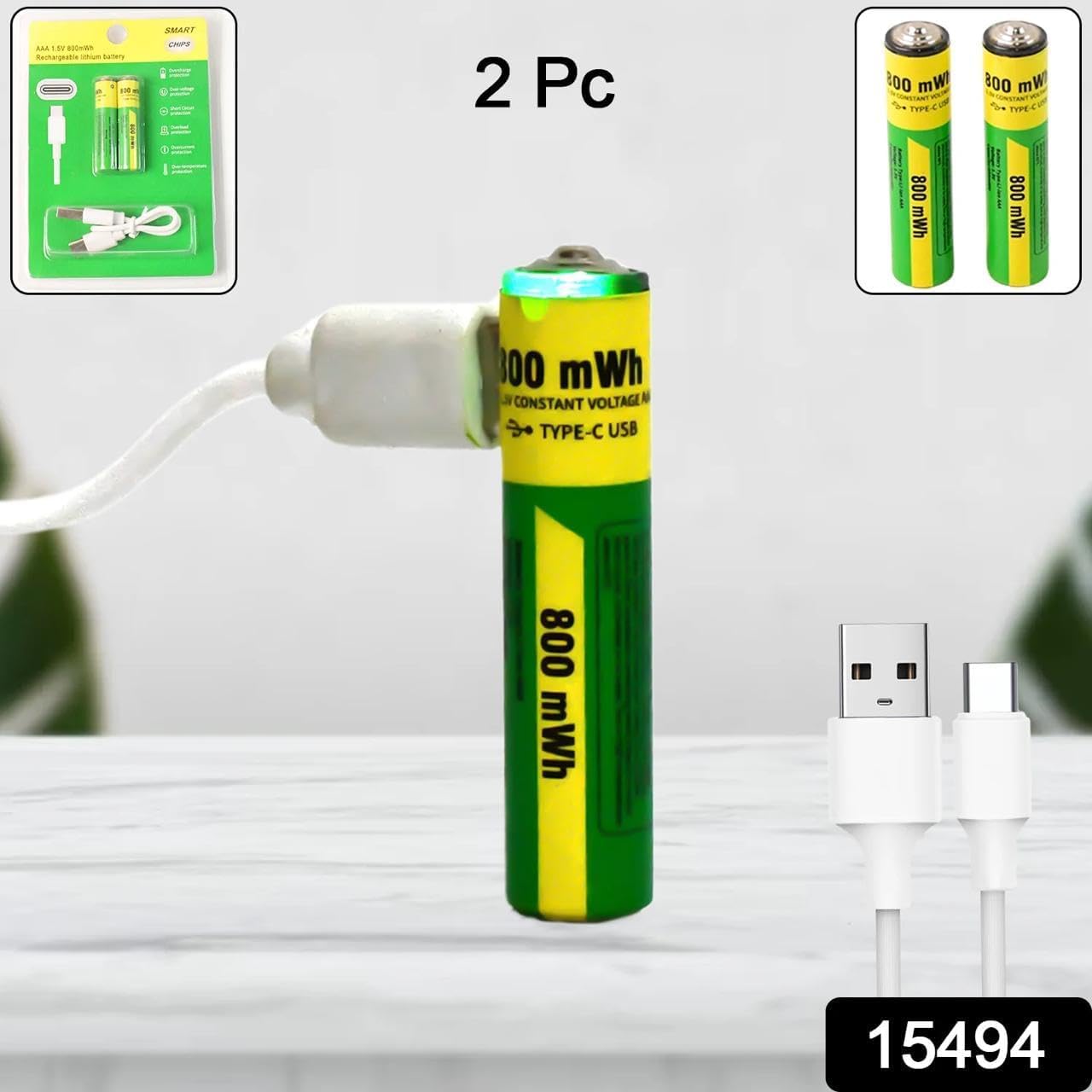 USB Type-C Rechargeable AA Battery 800mWh Pack of 2 for Toys, Torch, Clock, Remote & Everyday Home Devices