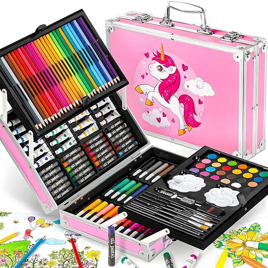 Unicorn Art & Craft Painting Box, Big Coloring Suitcase Multiple 145 Color Kit, Professional Drawing Water Color Pencils, Oil Pastel, Sketches & Acrylic Paint Brush