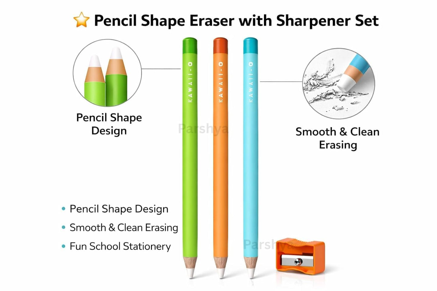 Magic Eraser Pencils Set (3 Pack) with Sharpener - Pastel, Precision Erase, Non-Toxic Kids Return Gift