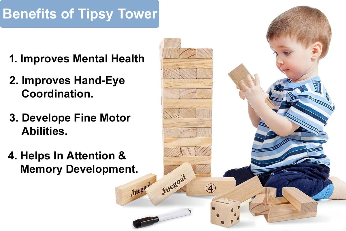 Stack-It-Up Wooden Tower Game – 54 Durable, Travel-Friendly Blocks for Classic Family Fun & Skill Boost