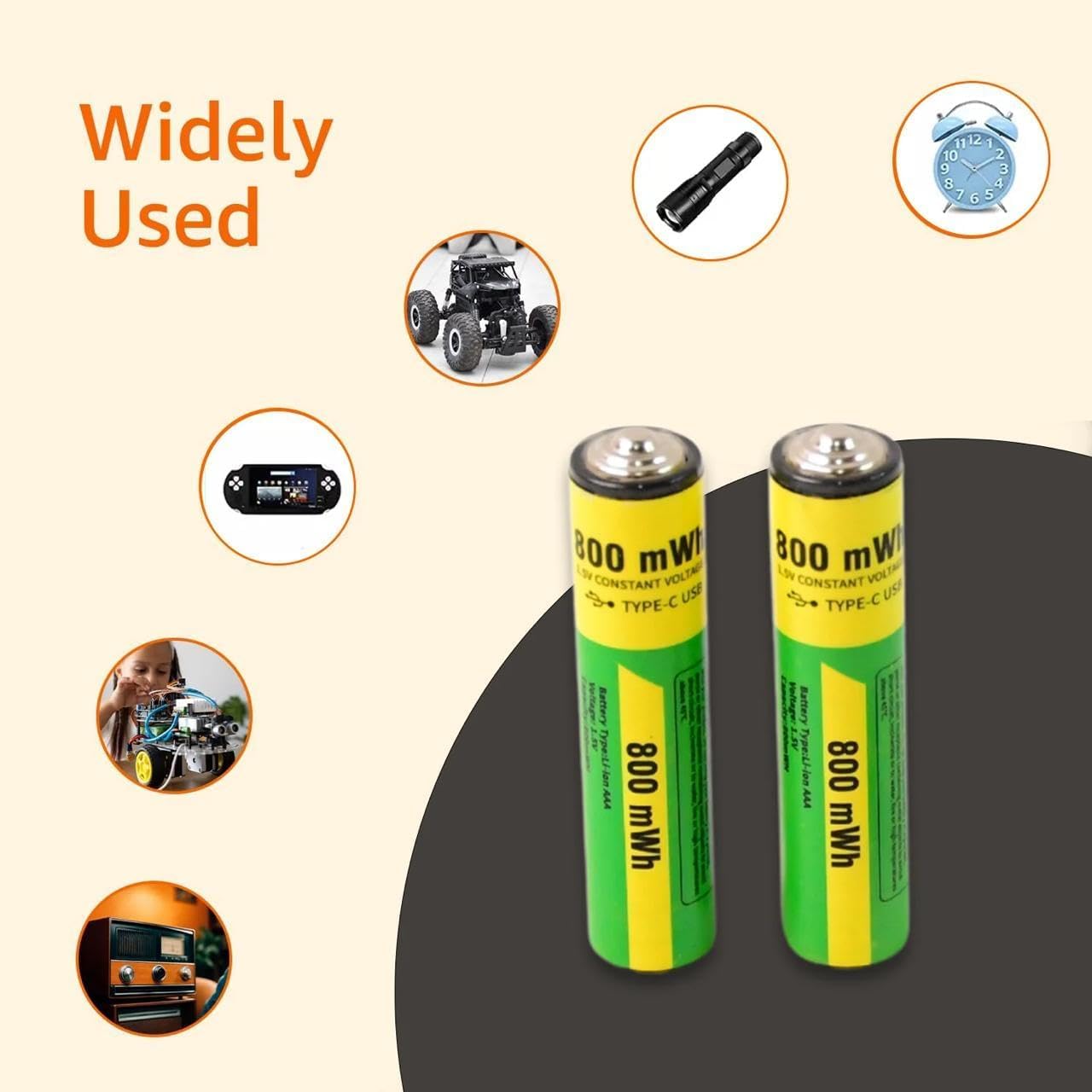 USB Type-C Rechargeable AA Battery 800mWh Pack of 2 for Toys, Torch, Clock, Remote & Everyday Home Devices