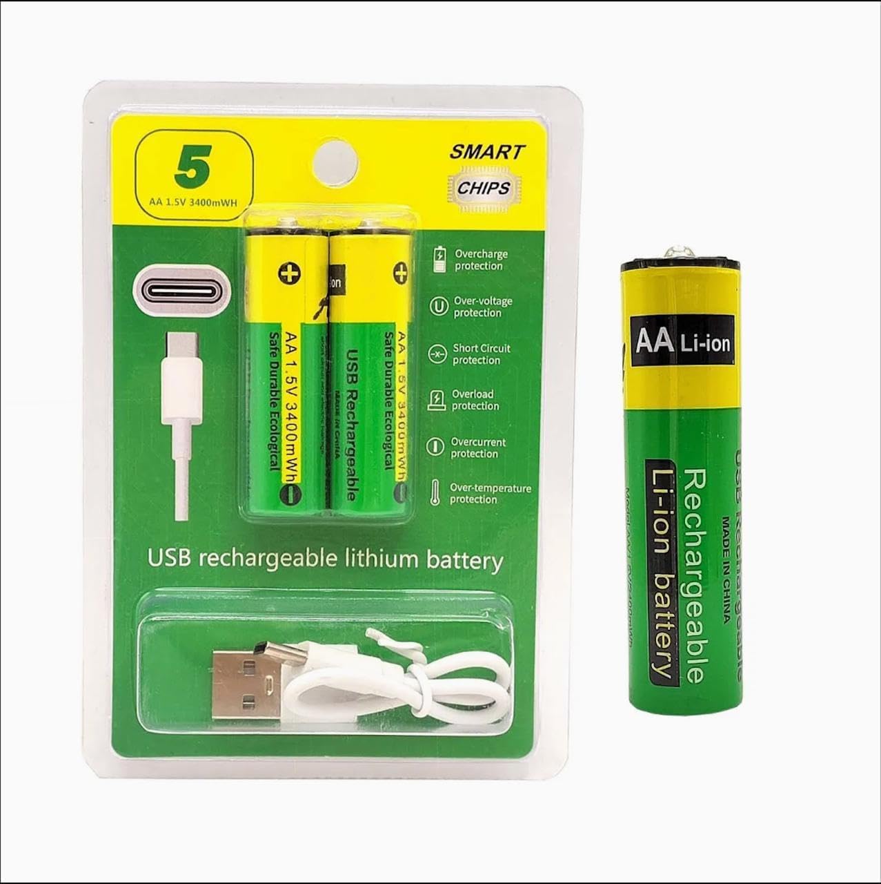 USB Type-C Rechargeable AA Battery 800mWh Pack of 2 for Toys, Torch, Clock, Remote & Everyday Home Devices
