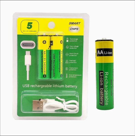 USB Type-C Rechargeable AA Battery 800mWh Pack of 2 for Toys, Torch, Clock, Remote & Everyday Home Devices