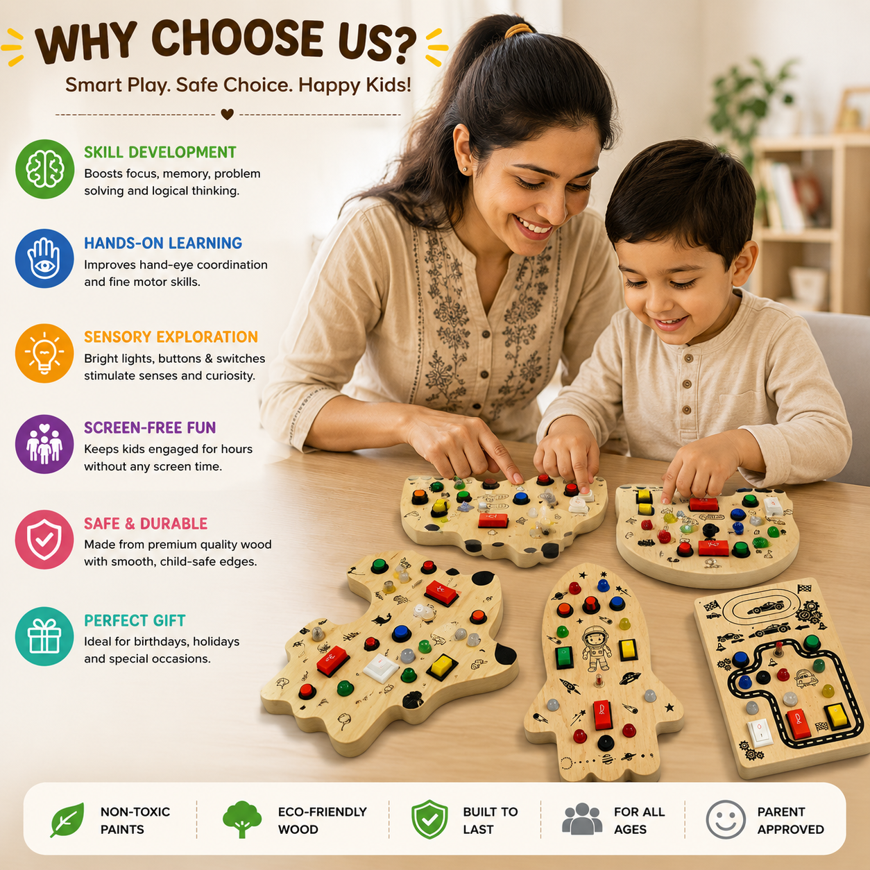 Wooden Montessori Busy Board Combo Set for Toddlers with Rocket, Dinosaur, Game Controller & Car Track Sensory Activity Toys