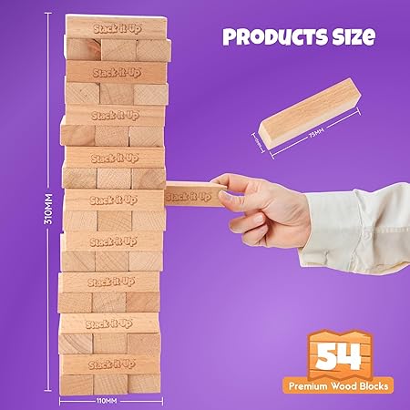 Stack-It-Up Wooden Tower Game – 54 Durable, Travel-Friendly Blocks for Classic Family Fun & Skill Boost