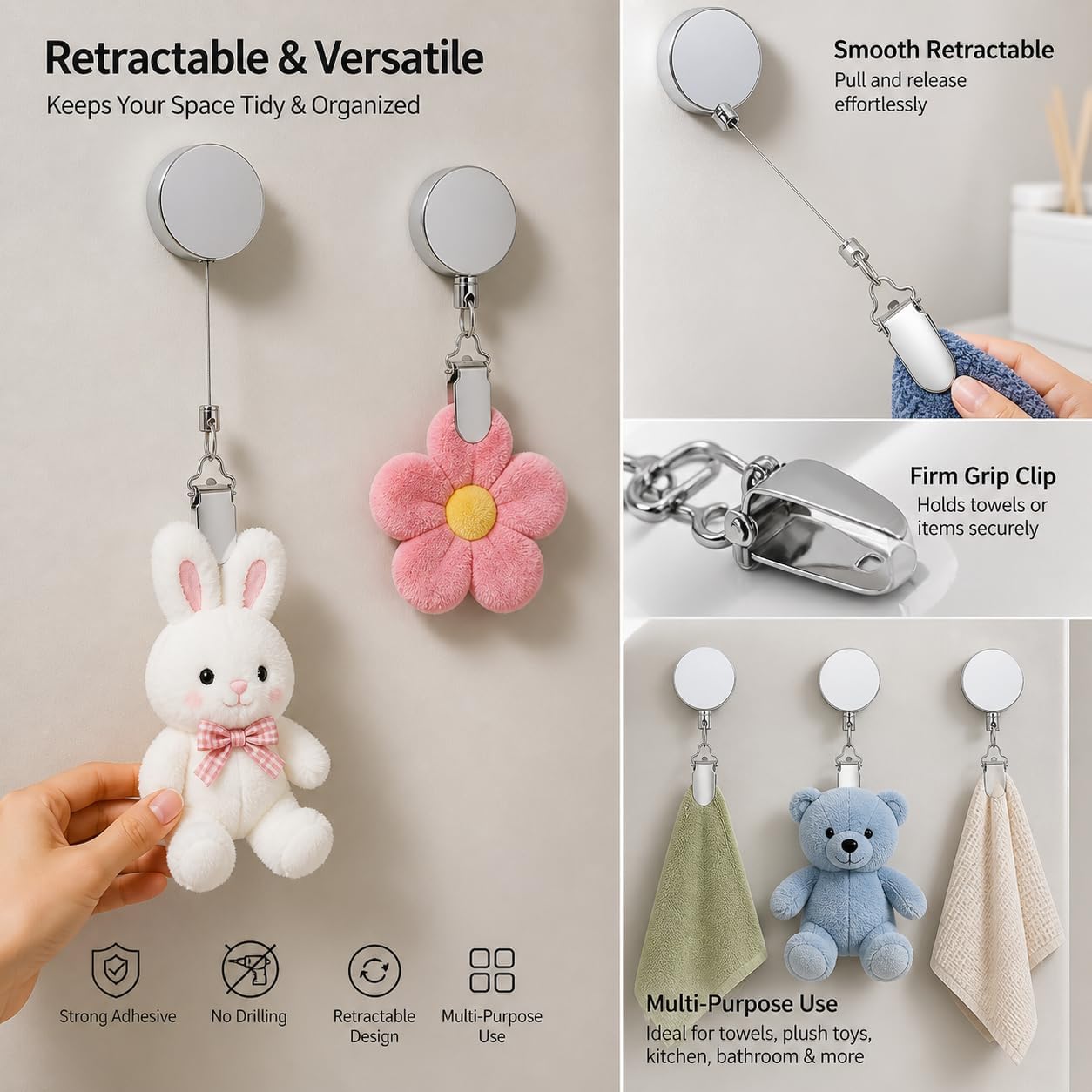 Premium Heavy-Duty Multipurpose Retractable Badge Reel with ID Card Holder, Key Ring, Belt Clip & Utility Hanger for Keys, Access Cards, Towels, Cleaning Cloths and Small Tools – Pack of 2