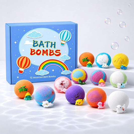 12 Pcs Kids Bath Bombs Set with Surprise Toys – Colorful Fizzy Bubble Bath Bombs for Boys & Girls