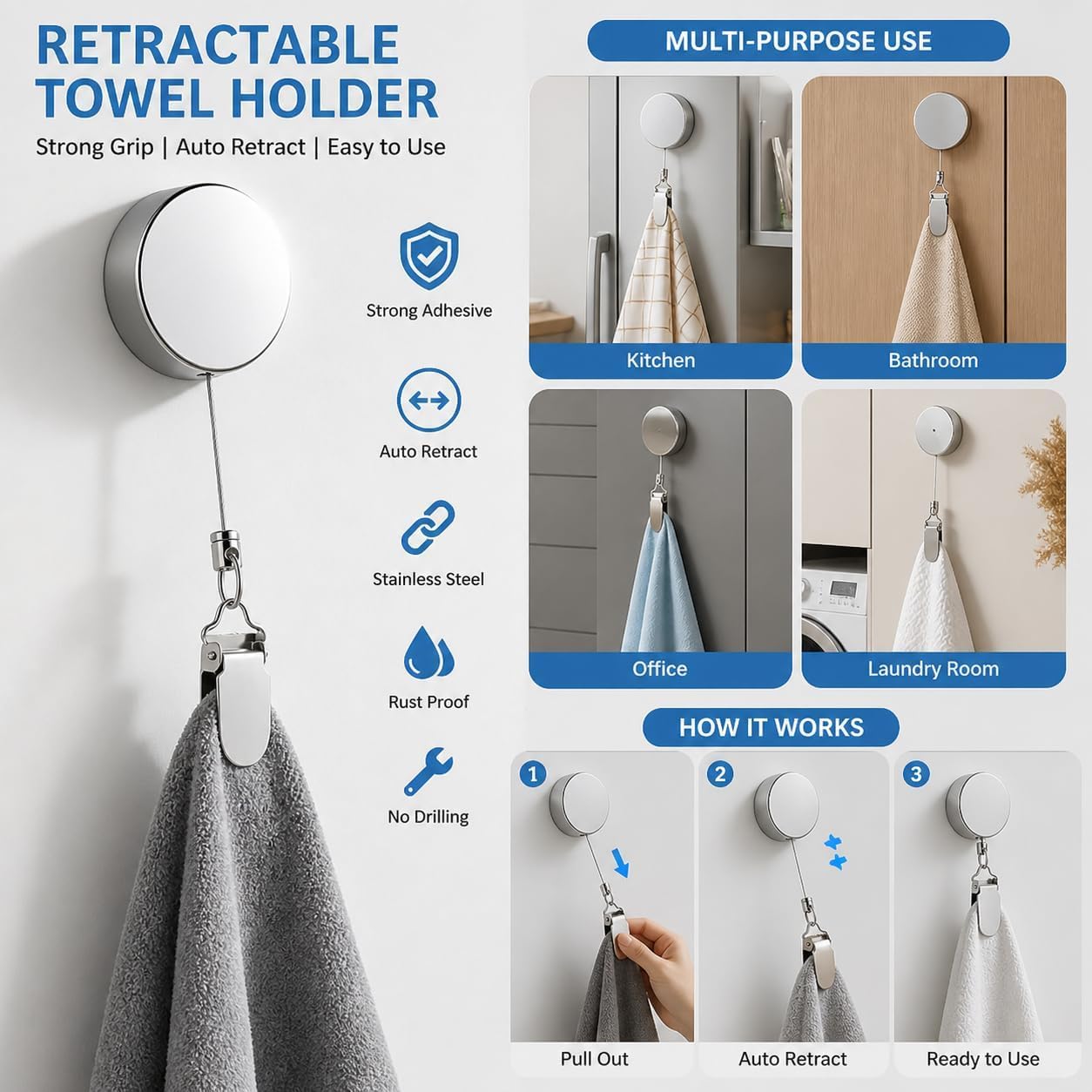 Premium Heavy-Duty Multipurpose Retractable Badge Reel with ID Card Holder, Key Ring, Belt Clip & Utility Hanger for Keys, Access Cards, Towels, Cleaning Cloths and Small Tools – Pack of 2