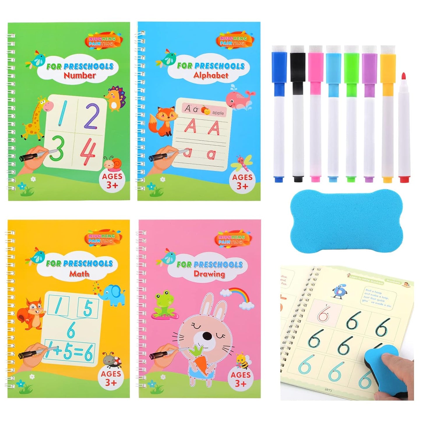 Preschool Practice Workbook Set – Reusable Magical Writing & Learning Kit for Kids Ages 3–5 (Pack of 4)