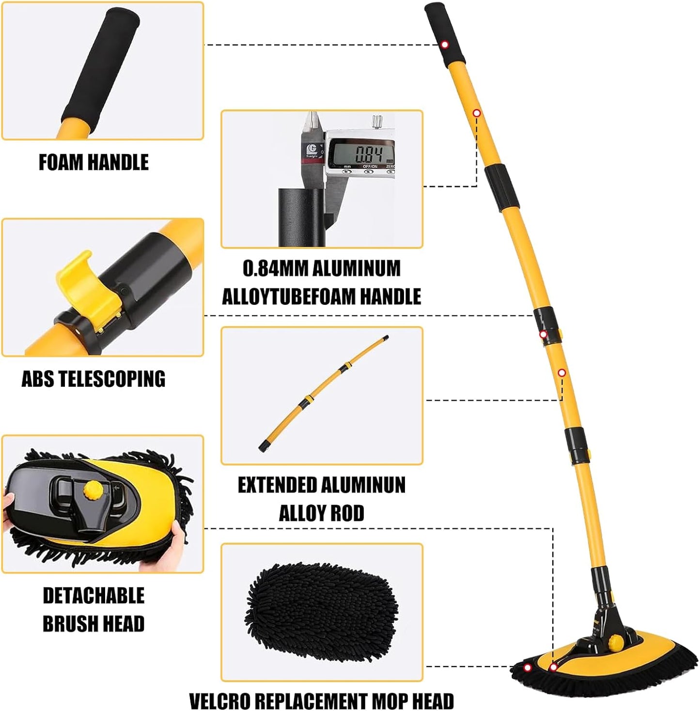 43" Long Handle Microfiber Car Wash Brush with Soft Bristle Mop for Car, SUV, Truck & Pickup