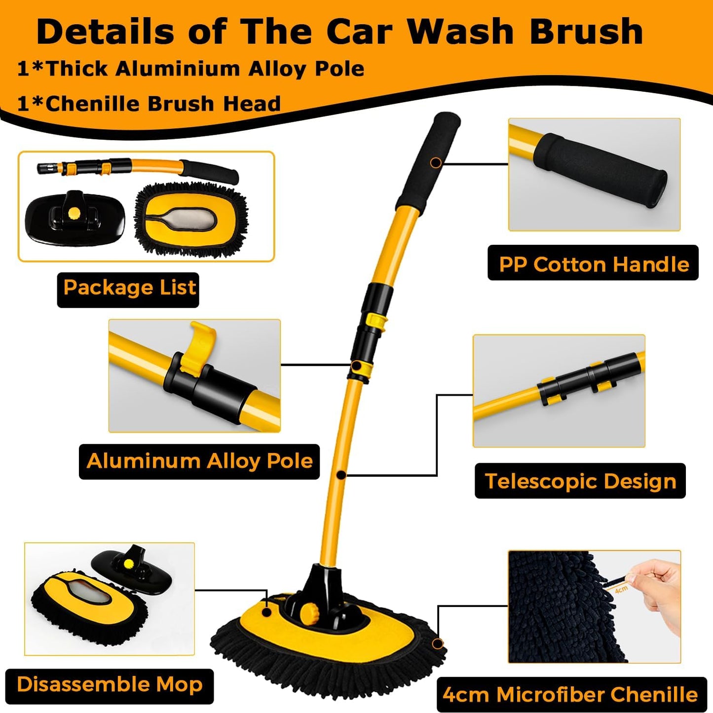 43" Long Handle Microfiber Car Wash Brush with Soft Bristle Mop for Car, SUV, Truck & Pickup