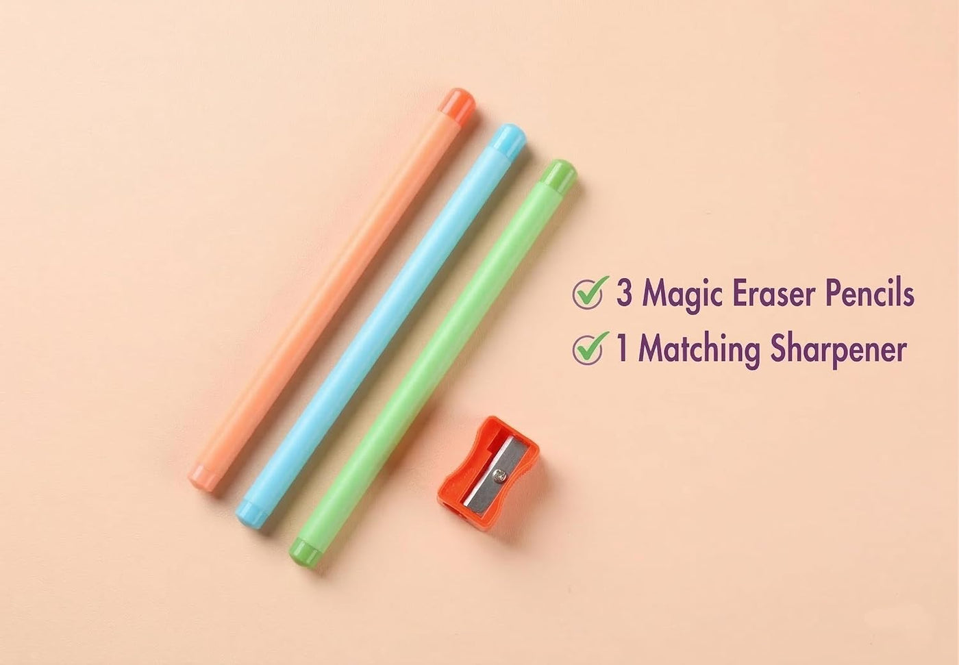 Three pastel Magic Eraser Pencils with one matching sharpener