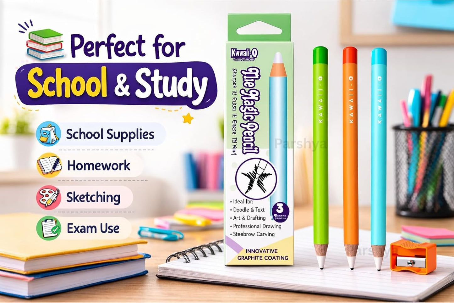 Magic Eraser Pencils Set (3 Pack) with Sharpener - Pastel, Precision Erase, Non-Toxic Kids Return Gift