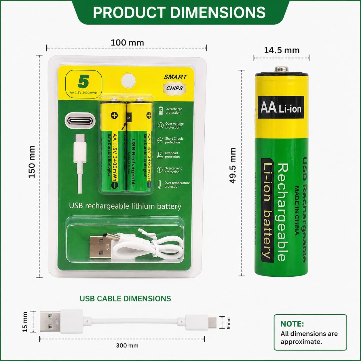 USB Type-C Rechargeable AA Battery 800mWh Pack of 2 for Toys, Torch, Clock, Remote & Everyday Home Devices