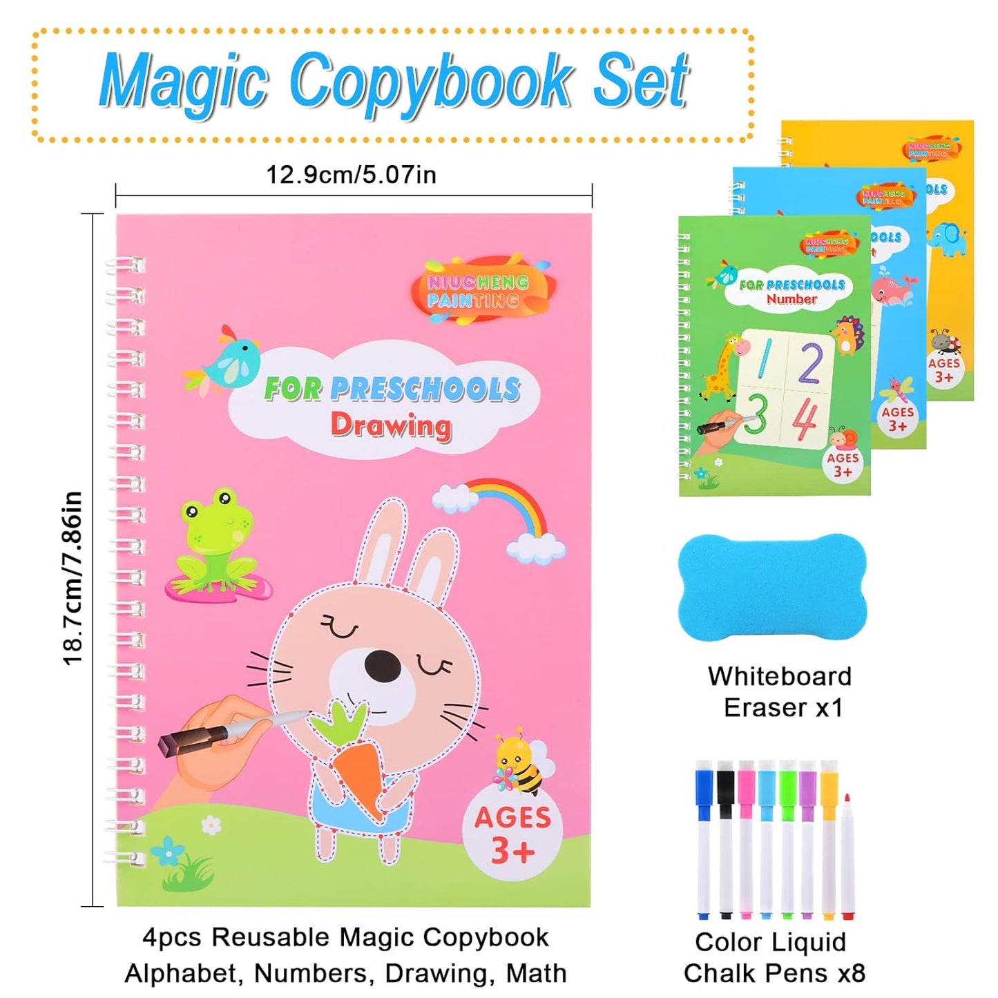 Preschool Practice Workbook Set – Reusable Magical Writing & Learning Kit for Kids Ages 3–5 (Pack of 4)