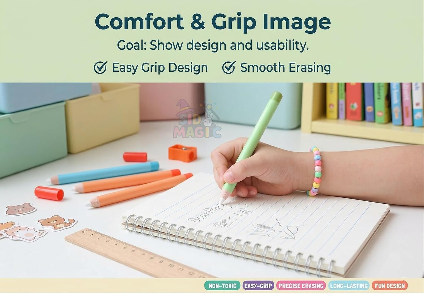 Child using a pastel Magic Eraser Pencil in a notebook