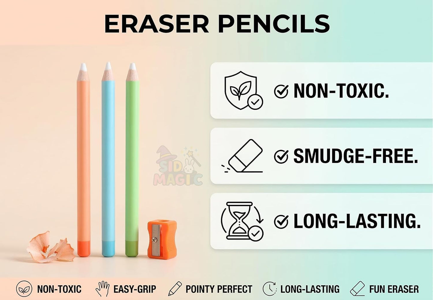 Magic Eraser Pencils Set (3 Pack) with Sharpener - Pastel, Precision Erase, Non-Toxic Kids Return Gift
