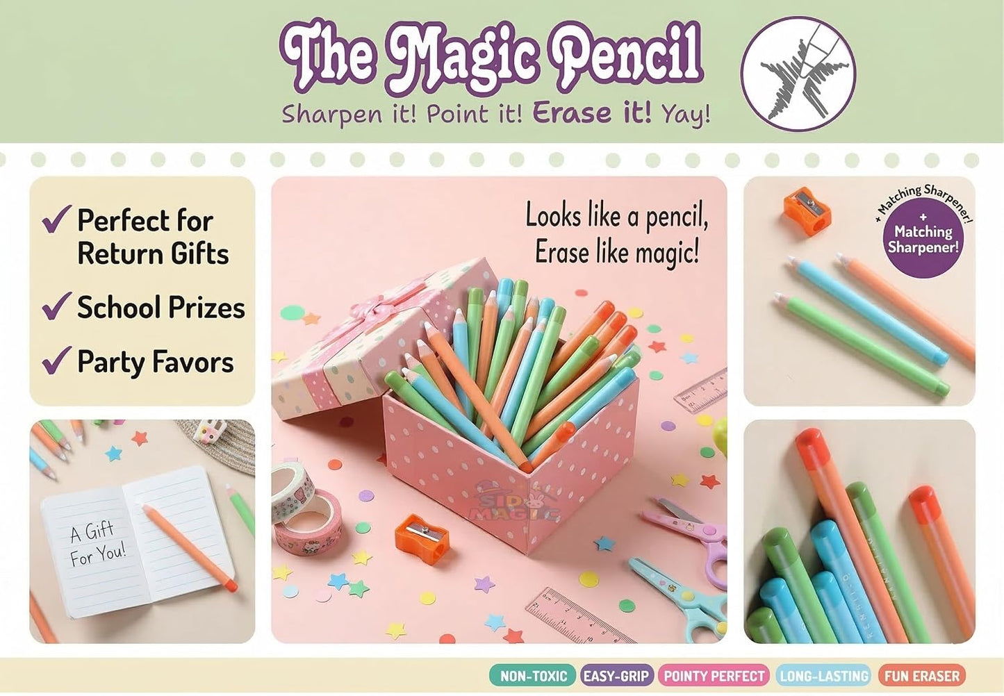 Magic Eraser Pencils Set (3 Pack) with Sharpener - Pastel, Precision Erase, Non-Toxic Kids Return Gift