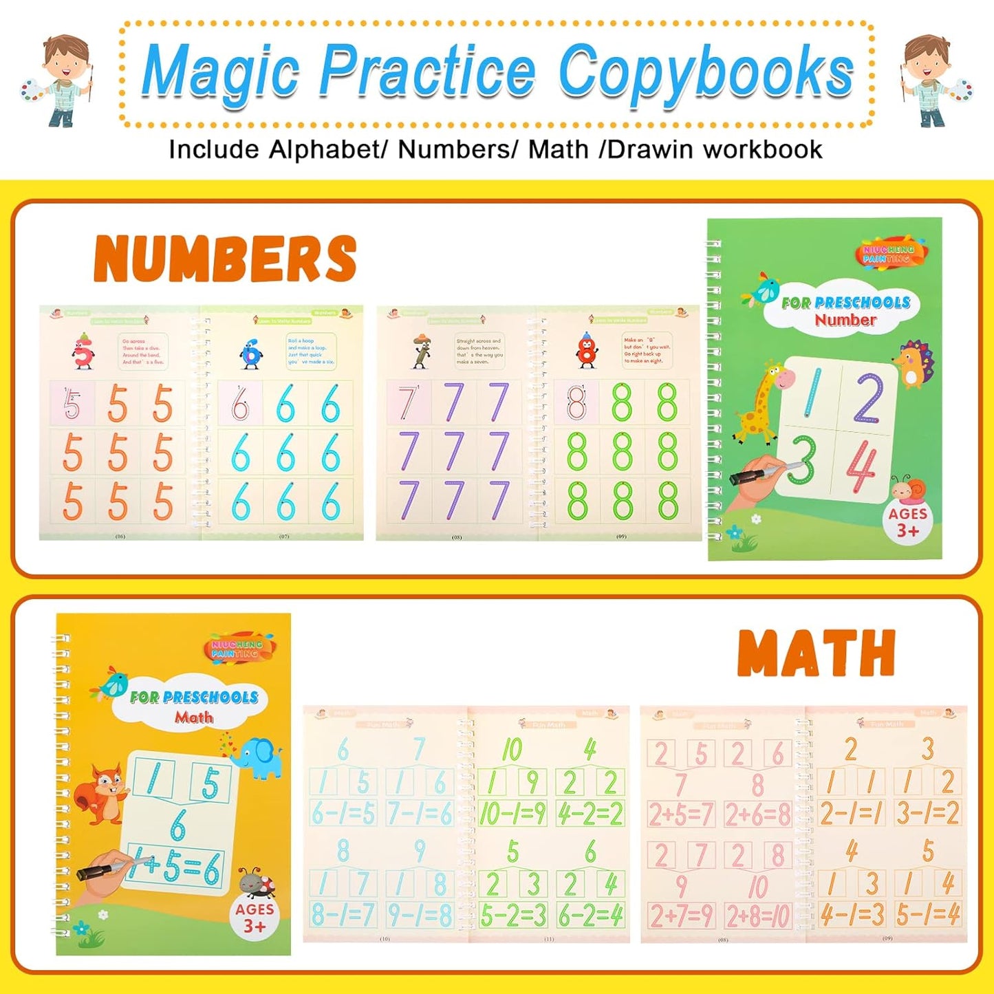 Preschool Practice Workbook Set – Reusable Magical Writing & Learning Kit for Kids Ages 3–5 (Pack of 4)