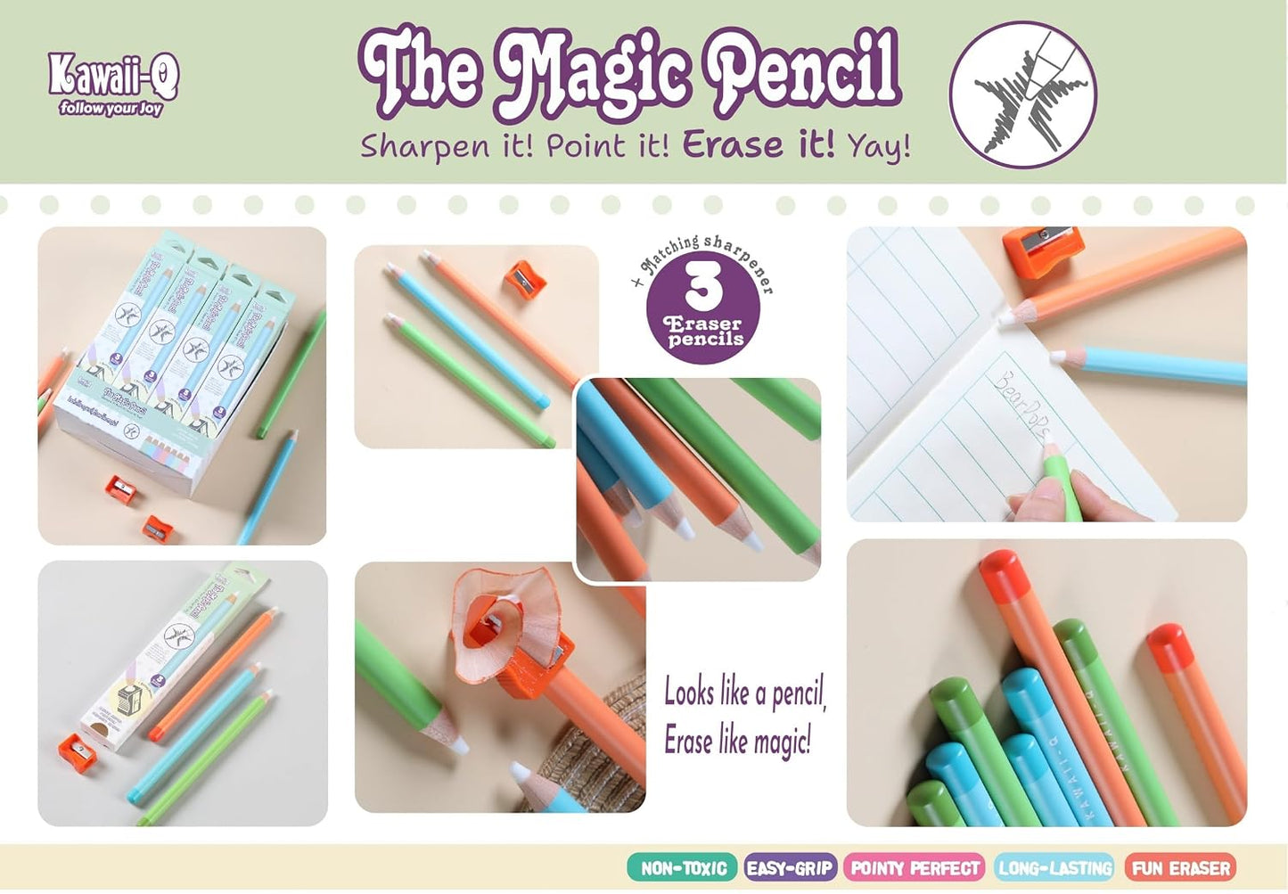 Magic Eraser Pencils Set (3 Pack) with Sharpener - Pastel, Precision Erase, Non-Toxic Kids Return Gift