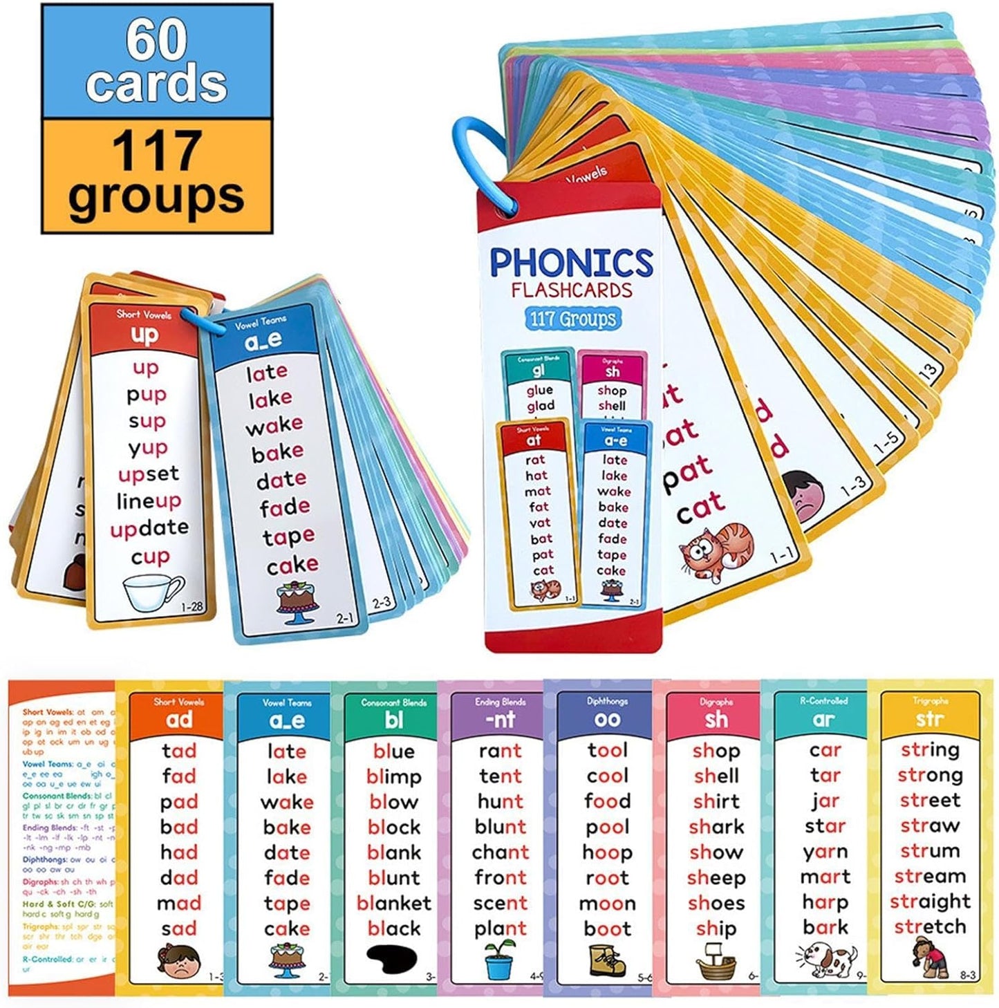Mumma Mall™ Educational Phonics Words English 60 Flashcards for Kids Ages (3-8) Ideal for Homeschooling, Montessori & Classroom Activities