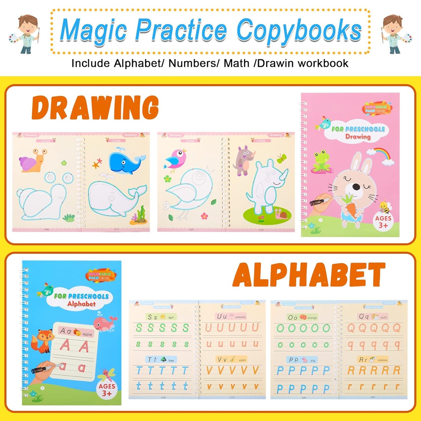 Preschool Practice Workbook Set – Reusable Magical Writing & Learning Kit for Kids Ages 3–5 (Pack of 4)
