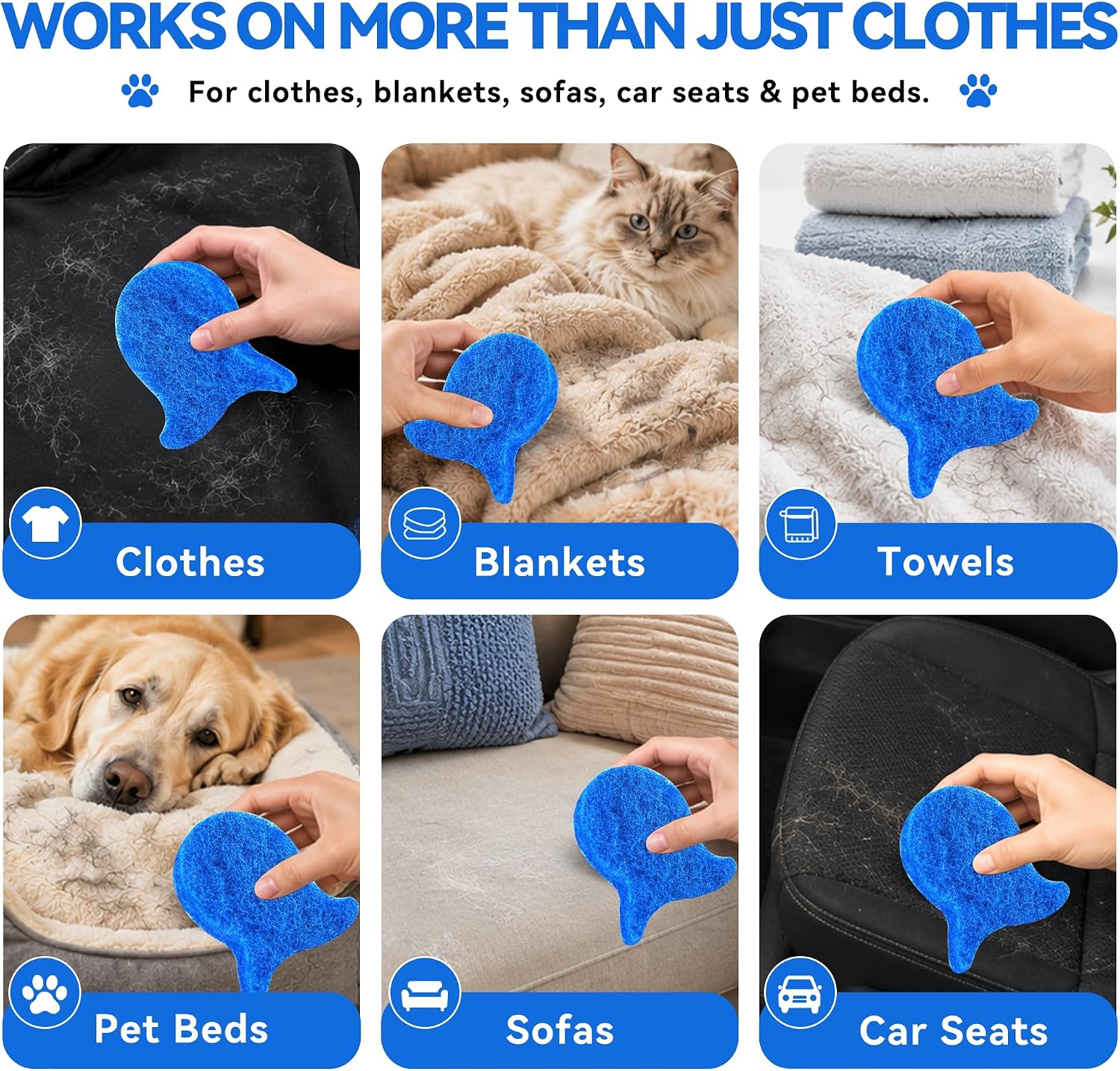 Pet hair remover for clothes, blankets, pet bedding, sofas and car seats