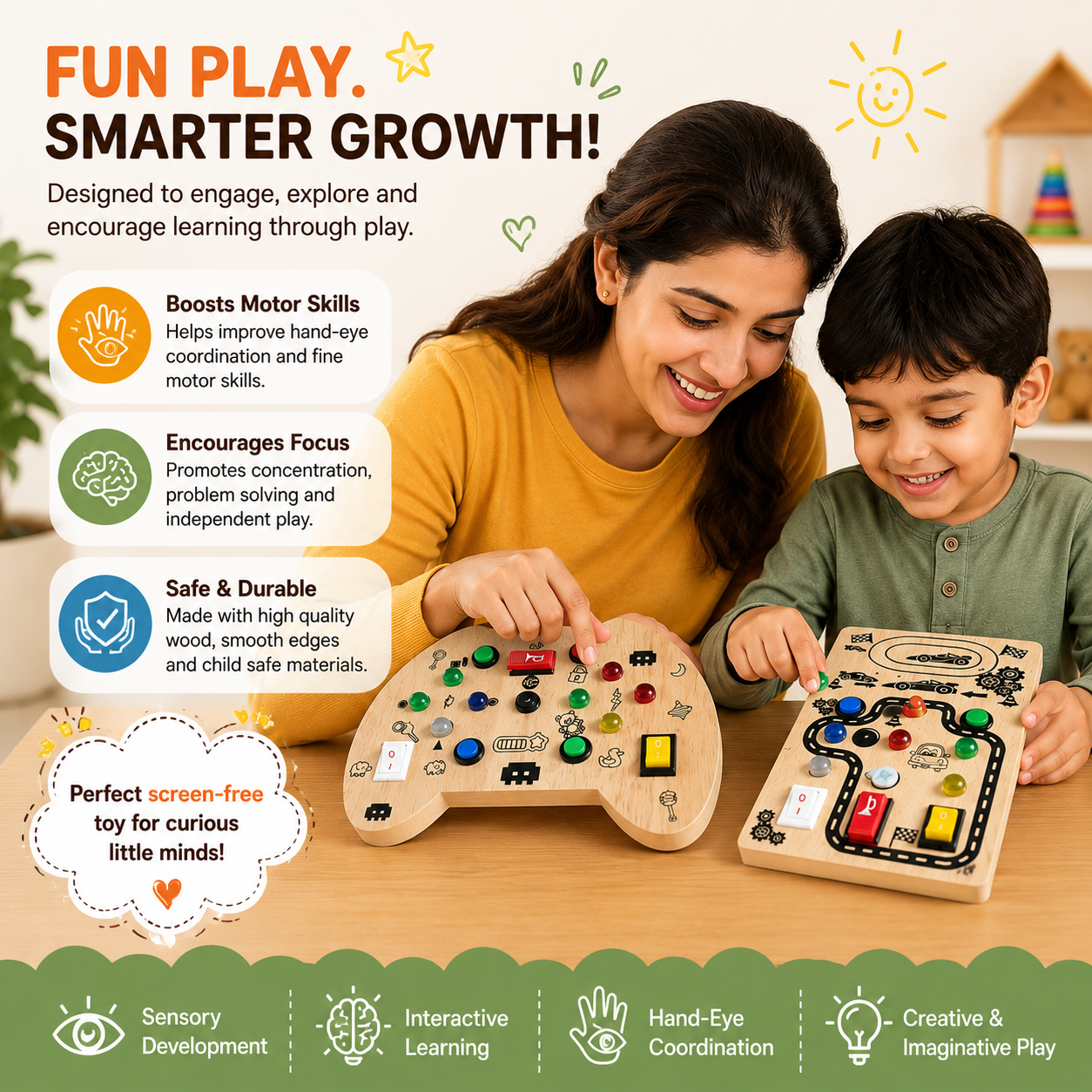 Wooden Montessori Busy Board Combo Set for Toddlers with Rocket, Dinosaur, Game Controller & Car Track Sensory Activity Toys