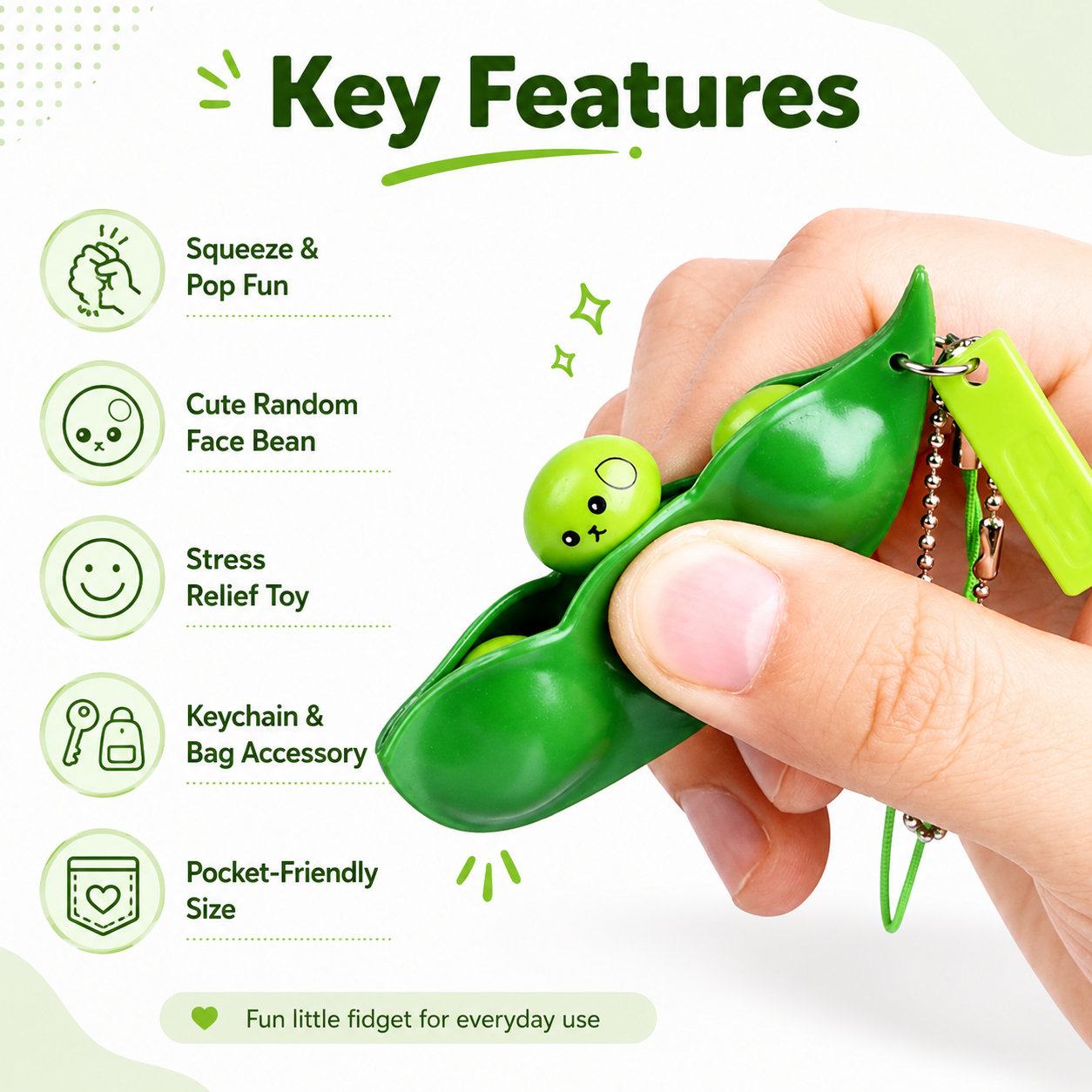 Cute Pea Pod Popper Keychain Fidget Toy for Kids & Adults – Funny Face Bean Squeeze Toy for Stress Relief, Anxiety Relief & Bag Decoration