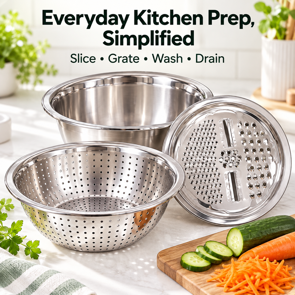 🥗 PrepNest™ – All-in-One Kitchen Slicer, Grater & Wash Bowl Set