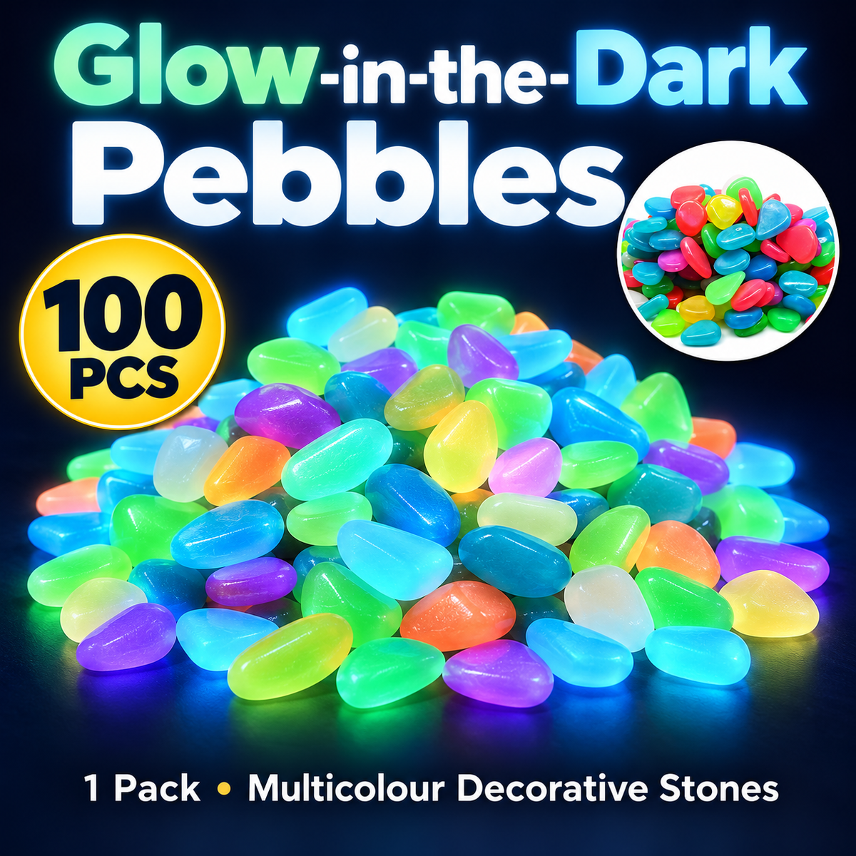 💎 Gleamora™ – Colourful Glow-in-the-Dark Stones | 100 Pcs