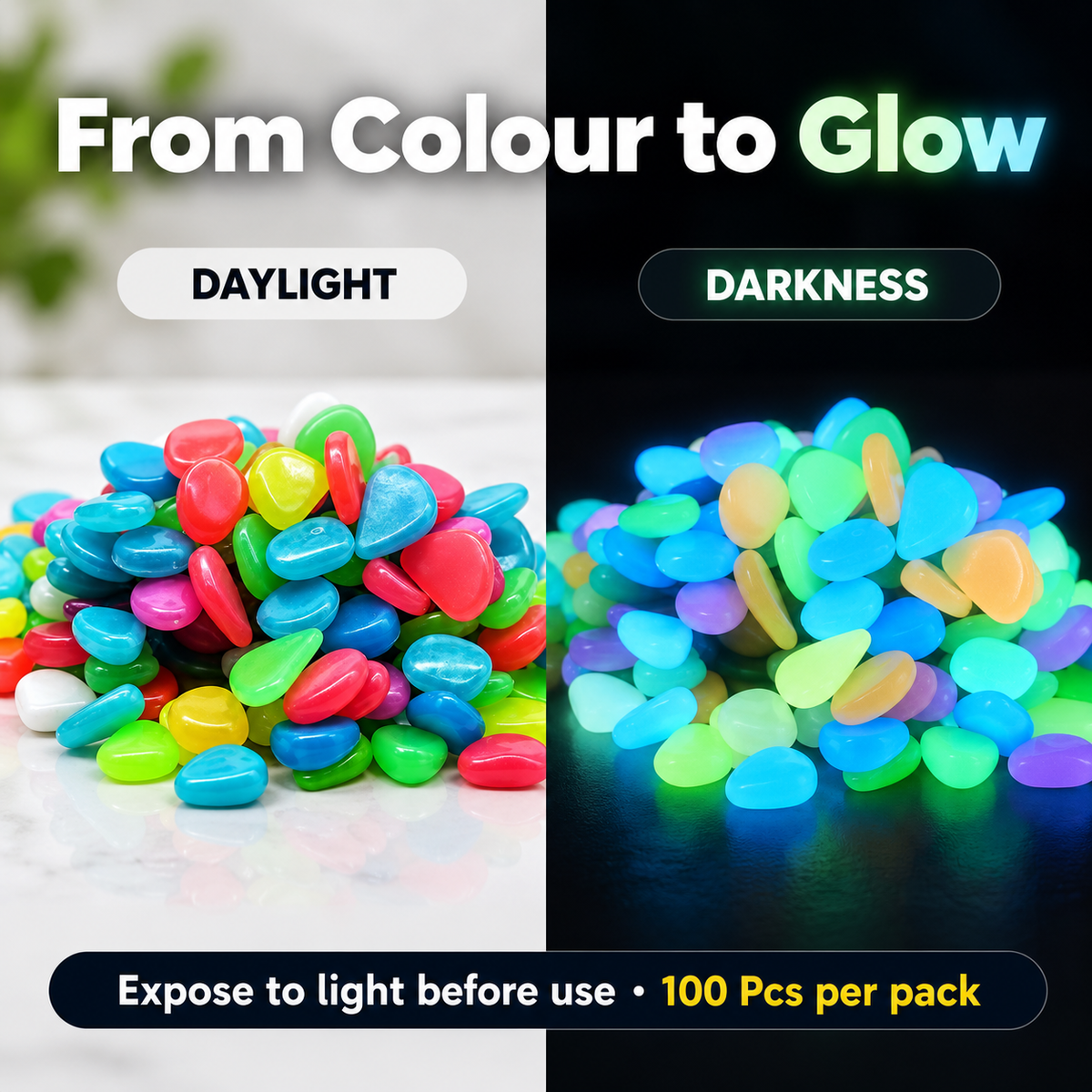 💎 Gleamora™ – Colourful Glow-in-the-Dark Stones | 100 Pcs