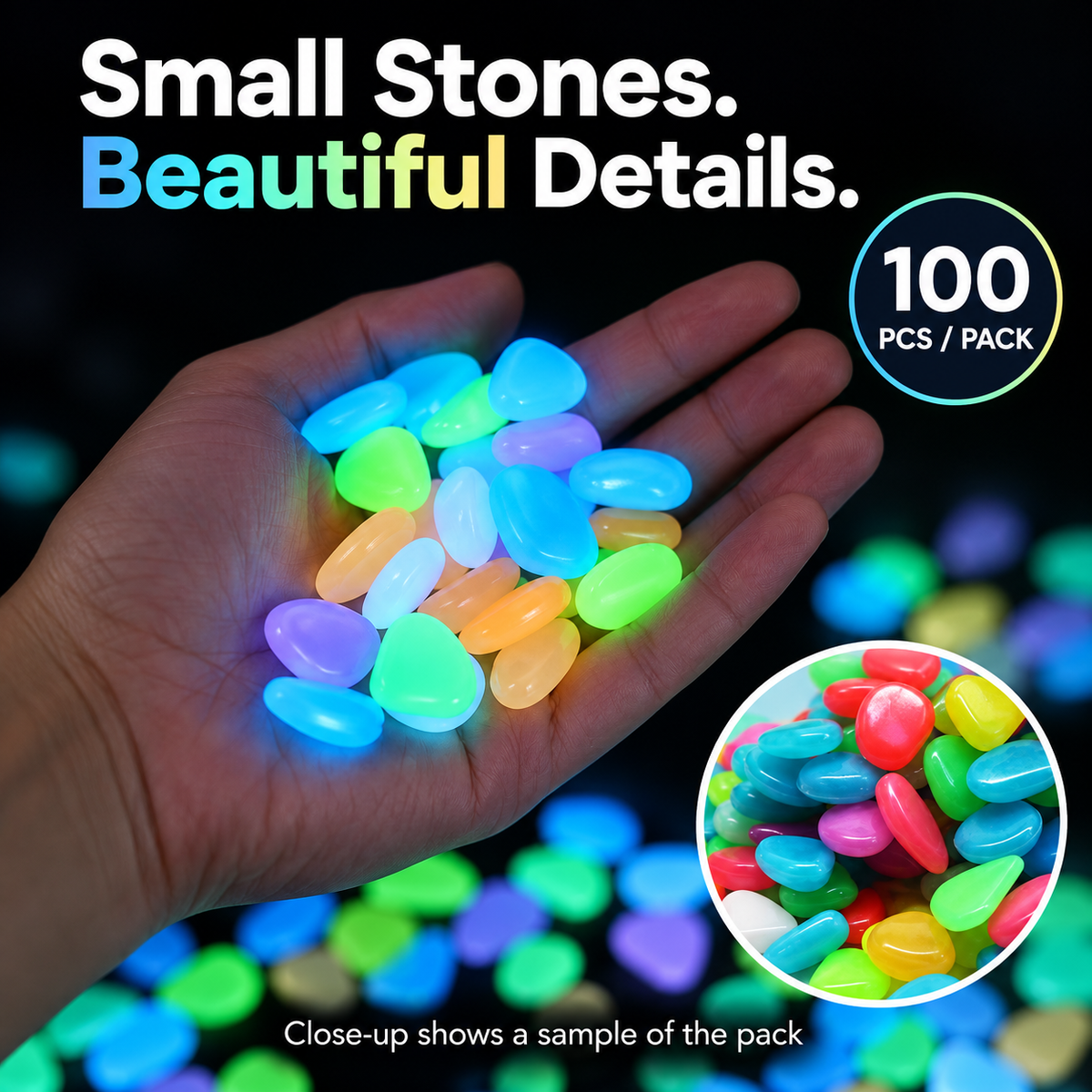 💎 Gleamora™ – Colourful Glow-in-the-Dark Stones | 100 Pcs