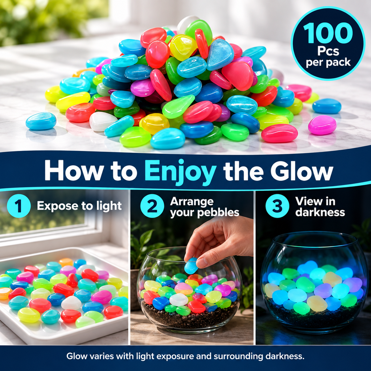 💎 Gleamora™ – Colourful Glow-in-the-Dark Stones | 100 Pcs
