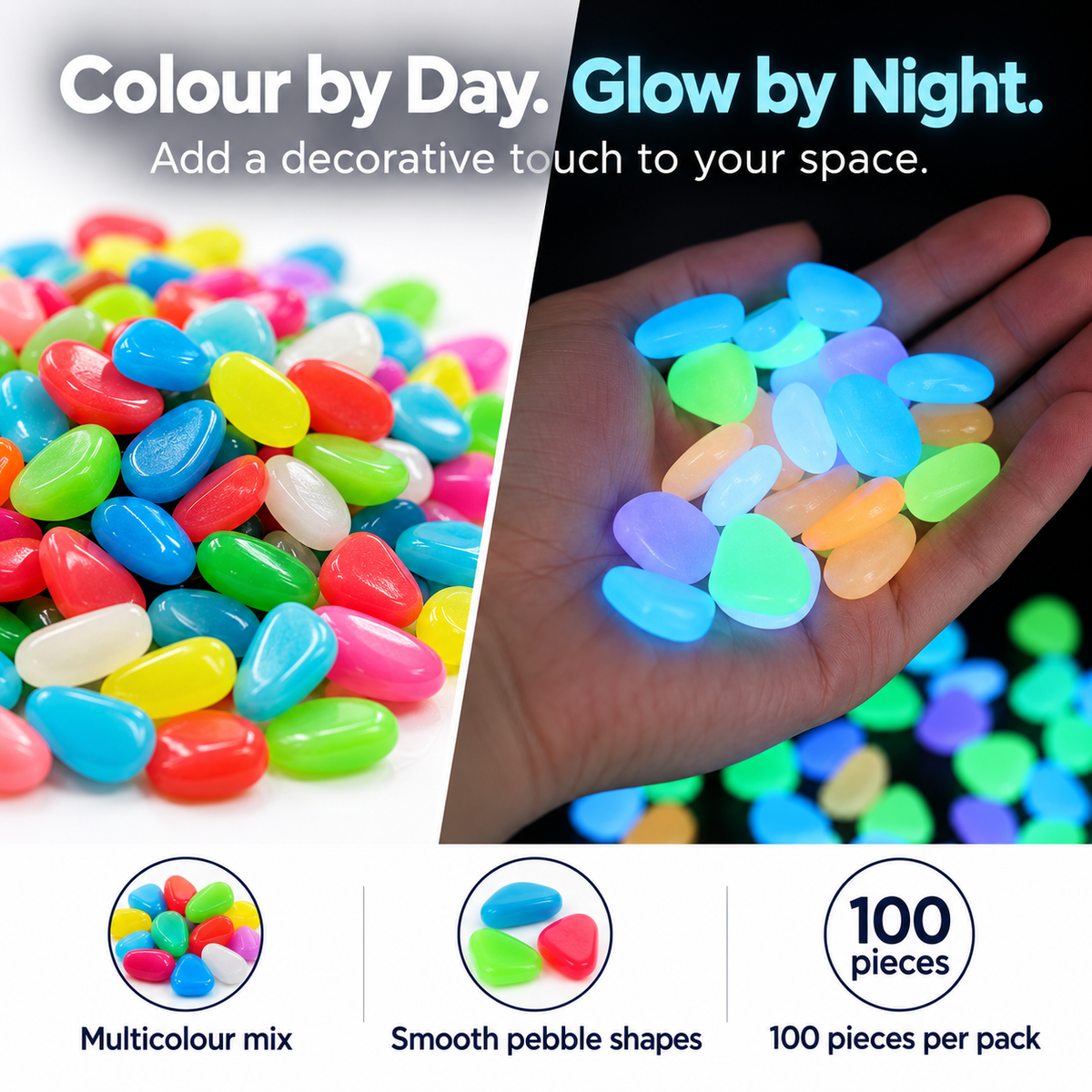 💎 Gleamora™ – Colourful Glow-in-the-Dark Stones | 100 Pcs