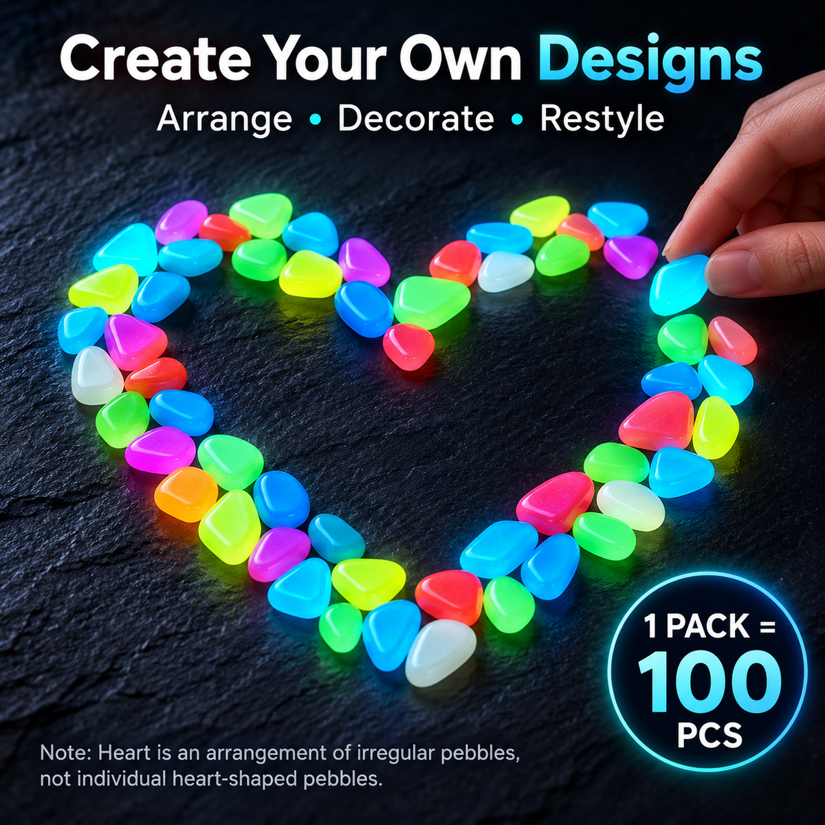 💎 Gleamora™ – Colourful Glow-in-the-Dark Stones | 100 Pcs