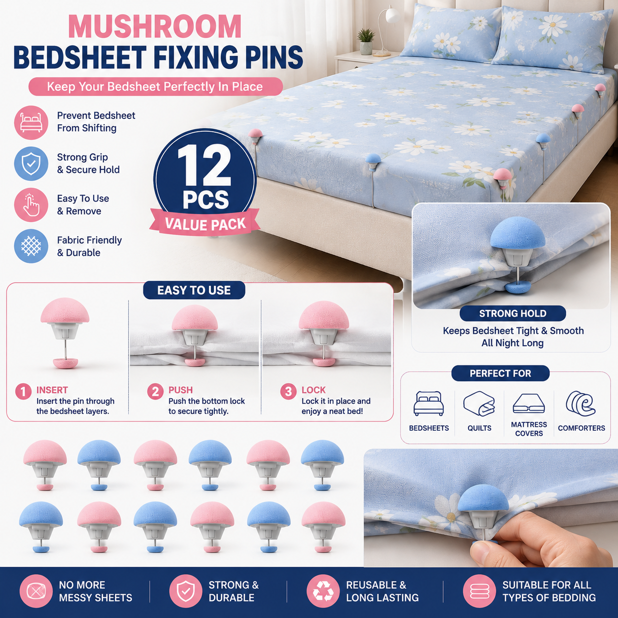 👉 🍄 BedLock™ Mushroom Quilt & Bedsheet Fixing Pins – 12 PCS