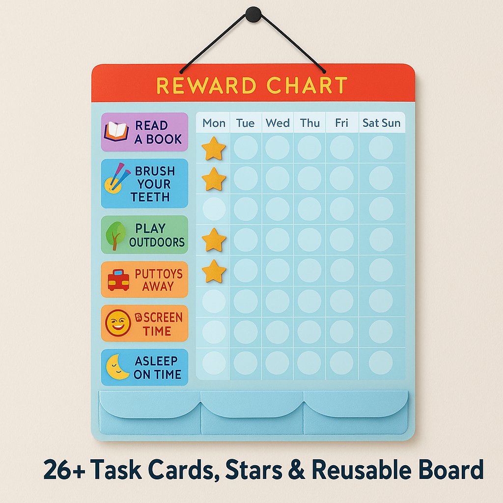 TaskStars™ – Customizable Reward Chart to Build Good Habits & Motivation | Includes 26+ Task Cards, Stars & Reusable Board | Ideal for Kids Aged 3–10 & Parents