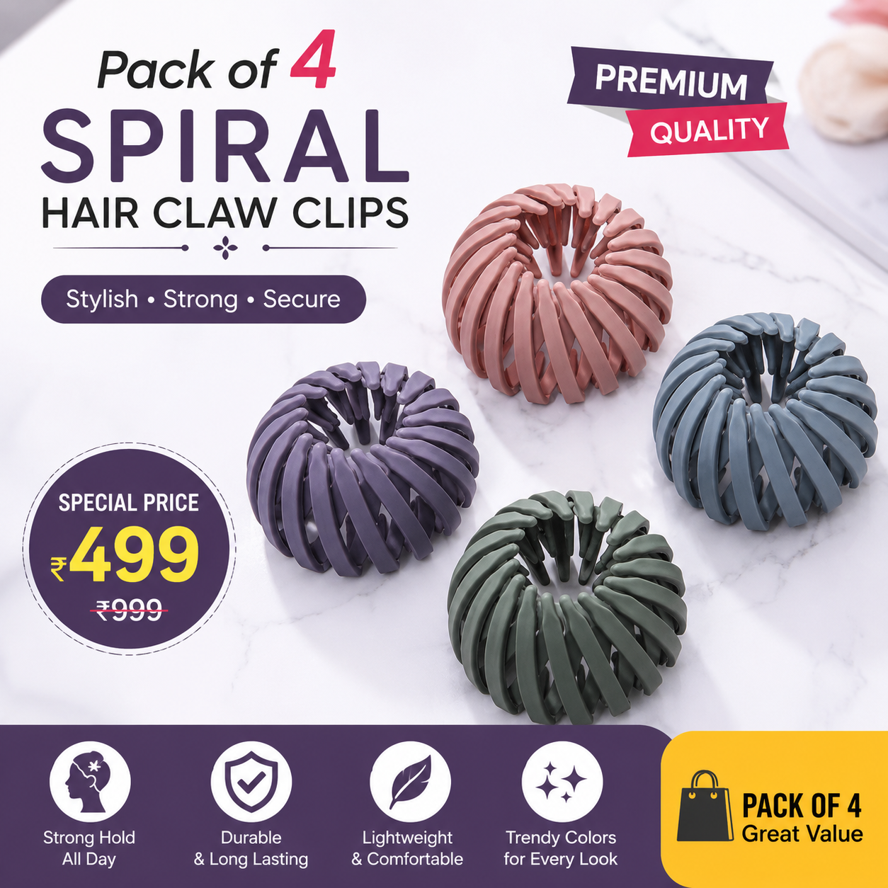 ✨ HaloGrip™ Spiral Hair Claw Clip Set | Strong Hold, No-Pull, Comfortable Matte Finish Hair Accessories for Women & Girls | Pack of 4
